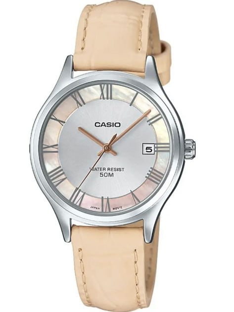 Женские часы Casio LTP-E142L-7A2VDF Серебристые с бежевым стрелочные ...