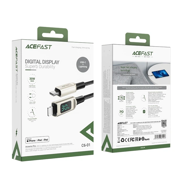 Кабель USB Acefast C6-01 с дисплеем, Type-C to Lightning, PD 30W, 1.2m, серебристый - Фото 3 Кабель USB Acefast C6-01 с дисплеем, Type-C to Lightning, PD 30W, 1.2m, серебристый - изображение 3