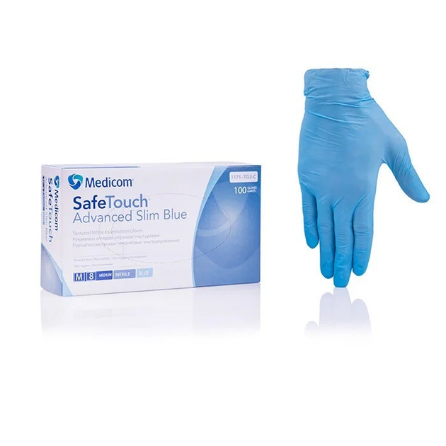 Перчатки нитриловые Medicom Nitrile Blue текстурированные без пудры голубые размер M 100 шт (3 г.) - изображение 1