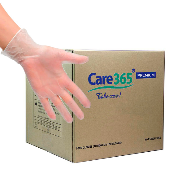 Перчатки виниловые прозрачные Care 365 Premium (10 упаковок/коробка) размер S - изображение 1