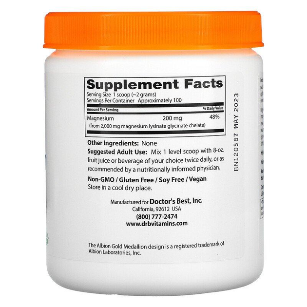 Хелатированный магний в порошке Magnesium Powder 200 мг, Doctor's Best ...