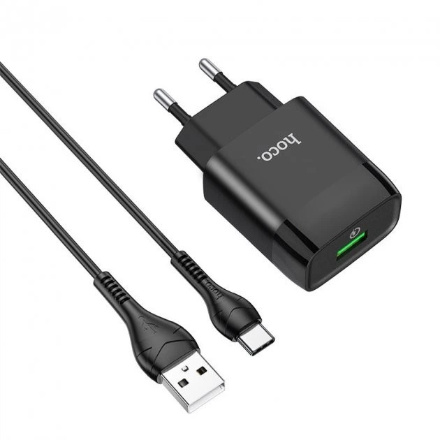 Мережевий зарядний пристрій з кабелем Hoco C72Q QC3.0 (1USB/2A) USB-type-C чорний - Фото 1 Мережевий зарядний пристрій з кабелем Hoco C72Q QC3.0 (1USB/2A) USB-type-C чорний - изображение 1