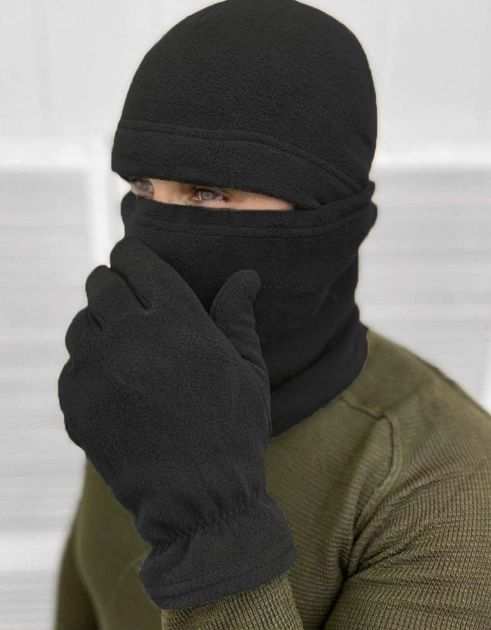Комплект тактический флисовая шапка, бафф и перчатки для военных и армии Черный - изображение 2