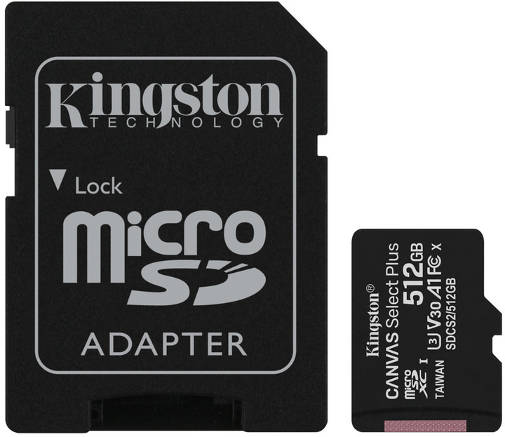 Kingston microSDXC 512GB Canvas Select Plus Class 10 UHS-I U3 V30 A1 + SD-адаптер (SDCS2/512GB) - изображение 1