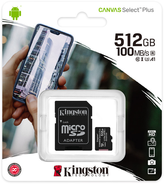 Kingston microSDXC 512GB Canvas Select Plus Class 10 UHS-I U3 V30 A1 + SD-адаптер (SDCS2/512GB) - изображение 3