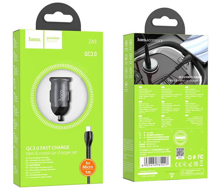 Автомобильная зарядка с быстрой зарядкой QC3.0 + MicroUSB кабель HOCO Z43 |1USB, 3A, QC, 18W| Черный - изображение 8
