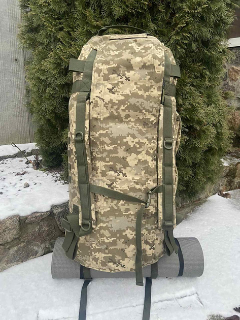 Тактичний військовий баул 100 літрів тканина кордура 1100 ВСУ сумка похідний рюкзак з місцем під каремат піксель - зображення 1