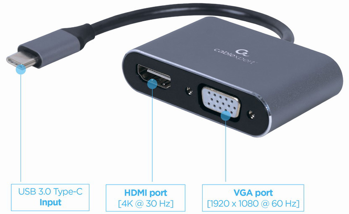 Adapter Cablexpert USB Type-C - HDMI, VGA 0,15 m Szary (A-USB3C-HDMIVGA-01) - obraz 2