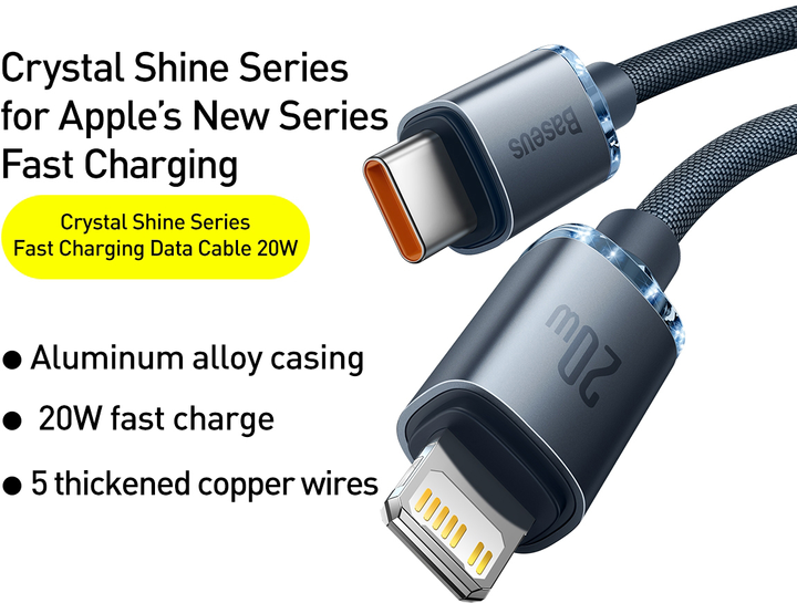 Baseus Crystal Shine Series Szybki kabel do transmisji danych Type-C do iP 20 W 2 m Czarny (CAJY000301) - obraz 2