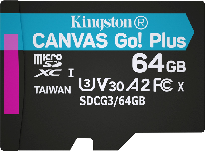 Kingston MicroSDXC 64GB Canvas Go! Plus Class 10 UHS-I U3 V30 A2 + SD-адаптер (SDCG3/64GB) - зображення 2