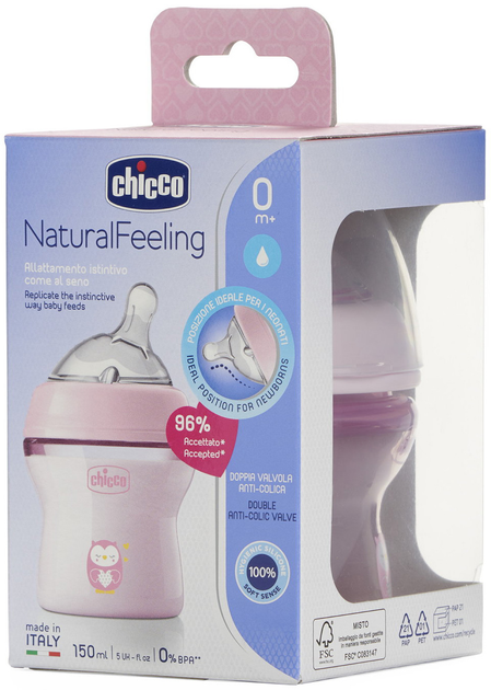 Пляшка для годування пластикова Chicco Natural Feeling Color 150 мл 0 м + Рожева (81311.10) - зображення 8