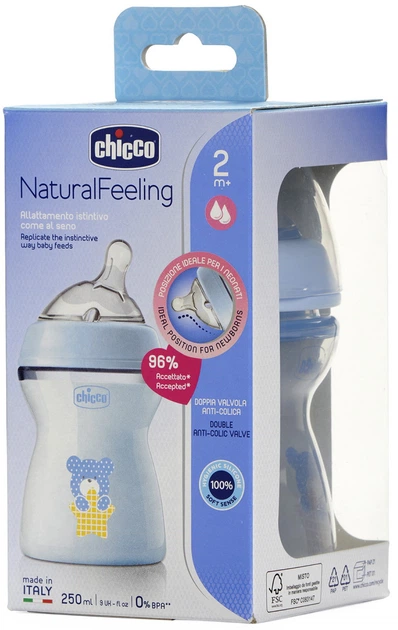 Пляшка для годування пластикова Chicco Natural Feeling Color 250 мл 2 м + Блакитна (81323.20) - зображення 8