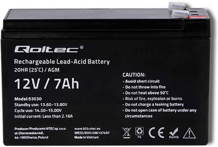 Акумуляторна батарея Qoltec AGM 12V-7Ah max. 105A (53030) - зображення 1