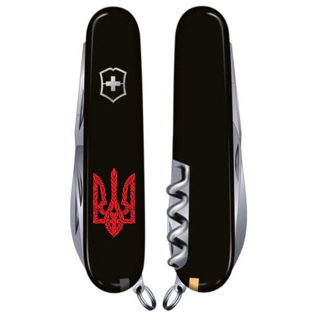 Ніж складаний 91 мм, 15 функцій Victorinox HUNTSMAN UKRAINE Чорний/Трезубець плетений червоний - зображення 2