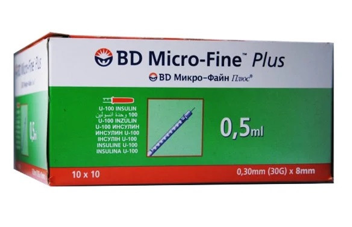 Шприц ін'єкційний інсуліновий одноразовий стерильний BD Micro-Fine Plus U-100 0,5 мл з голкою 30G 0,30 х8 мм 10 шт. - изображение 1
