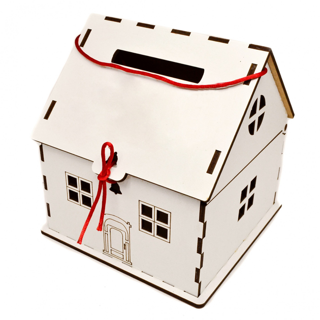 Коробка подарочная 220х220х100 Пряничный домик на красном фоне (белое дно)