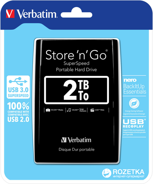 Жорсткий диск Verbatim Store n Go 2TB 53177 2.5" USB 3.0 External Blister Black - зображення 6
