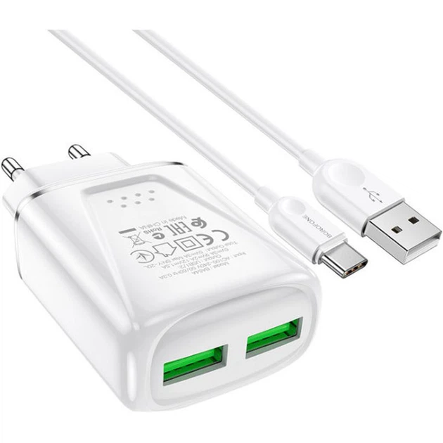 Мережевий зарядний пристрій Borofone BA54A Wide road dual port QC3.0 charger (Type-C) White (BA54ACW) - изображение 3