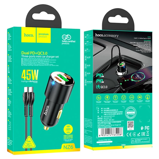 Зарядний автомобільний HOCO NZ6 (2PD/25W+20W) (1USB/QC3.0/3A/18W) Type-C-Type-C Чорний - зображення 2