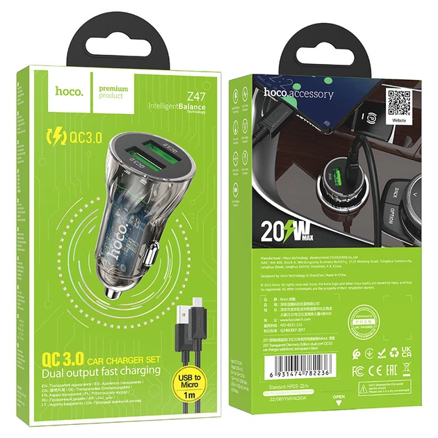 Зарядне автомобільне HOCO Z47 Transparent Discovery Edition (2USB/QC3.0/3A/20W) Micro USB Чорний - изображение 2