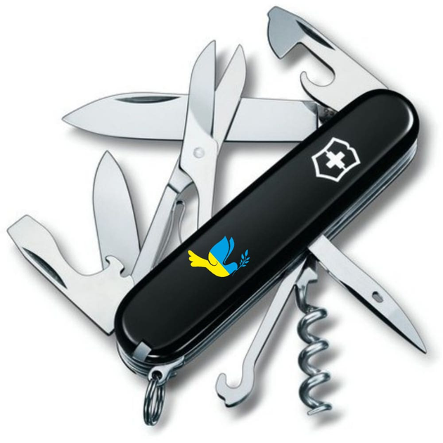 Нож складной швейцарский 91 мм/14 функций Victorinox CLIMBER UKRAINE Черный/Голубь мира сине-желтый - изображение 1