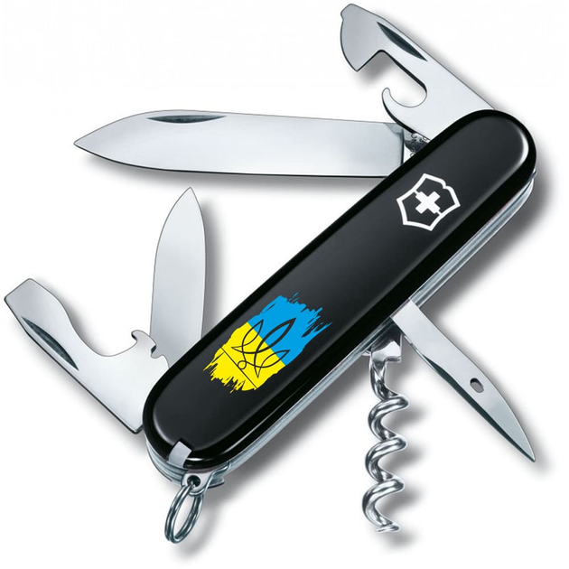 Ніж складаний швейцарський 91 мм/12 функцій Victorinox SPARTAN UKRAINE Чорний/Трезубець фігурний на фоні прапора - зображення 1