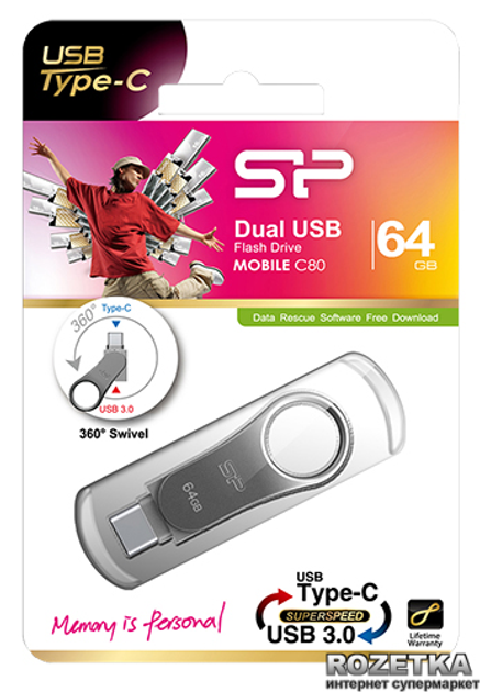 Флеш пам'ять USB Silicon Power Mobile С80 64GB Silver (SP064GBUC3C80V1S) - зображення 3