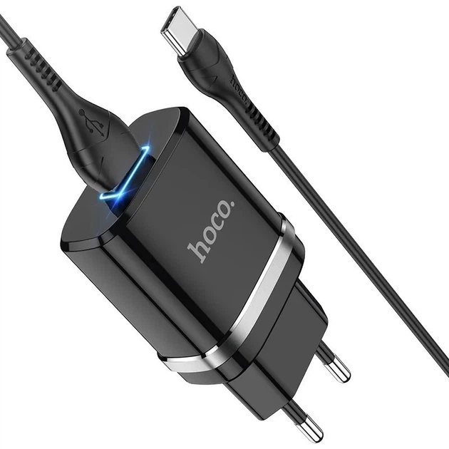 Мережевий зарядний пристрій швидкої зарядки Hoco N1 12 W з LED з USB роз'ємом та LED підсвічуванням порту та кабелем USB to Type-c у комплекті Чорний - зображення 5