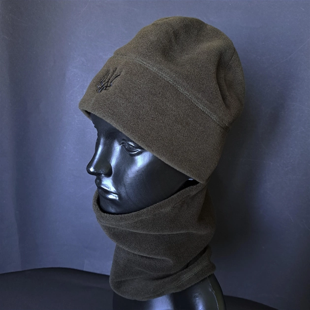 Комплект шапка и бафф флисовая тактическая мужская женская зимняя с гербом Украины TACTICAL Темная олива (шапкабаф1) - изображение 1