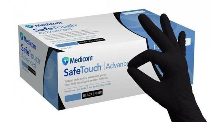 Одноразові рукавички нітрилові Black Medicom 100 шт в уп. Розмір М Чорні. Щільнсть 3,3 г - зображення 1