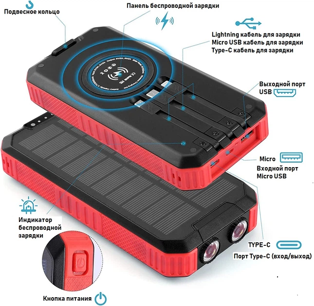 УМБ з сонячною панеллю VHG DN49 30000 mAh Wireless Solar Power Charger Red - изображение 2