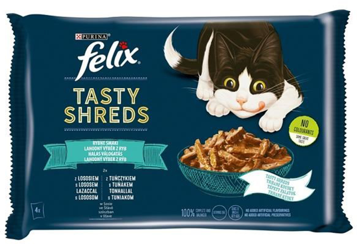 Mokra karma dla kotów Purina Felix Tasty Shreds z łososiem i tuńczykiem w sosie 4 x 80 g (7613038644073) - obraz 1