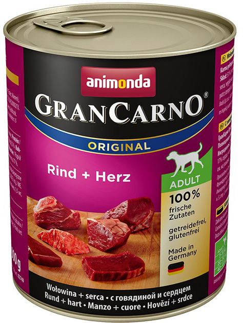 Mokra karma dla psów Animonda GranCarno z wołowiną i sercem 800 g (4017721827409) - obraz 1