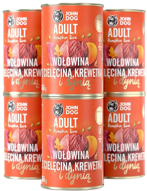 Mokra karma dla psów John Dog Wołowina, cielęcina, krewetki, dynia 6 x 400 g (5903769000821) - obraz 1