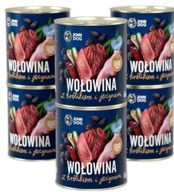 Mokra karma dla psów John Dog z wołowiną, królikiem i jeżeynami 6 x 400 g (5903246848779) - obraz 1