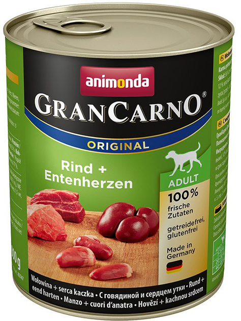 Mokra karma dla psów Animonda GranCarno z wołowiną i kaczymi sercami 800 g (4017721827478) - obraz 1