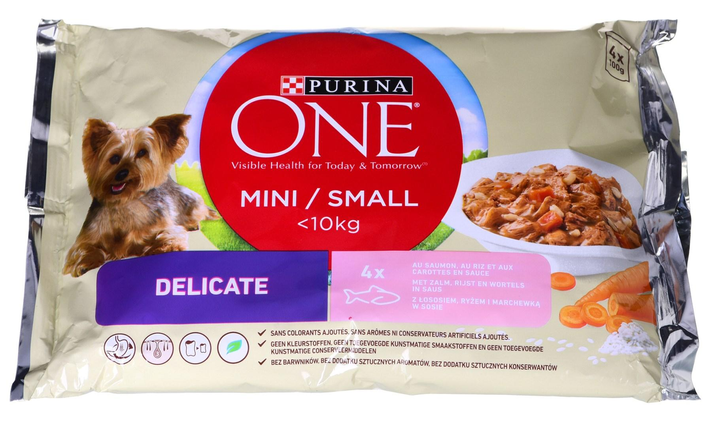 Mokra karma dla psów Purina One Mini Delicate z łososiem i ryżem 4 x 100 g (7613036640879) - obraz 1