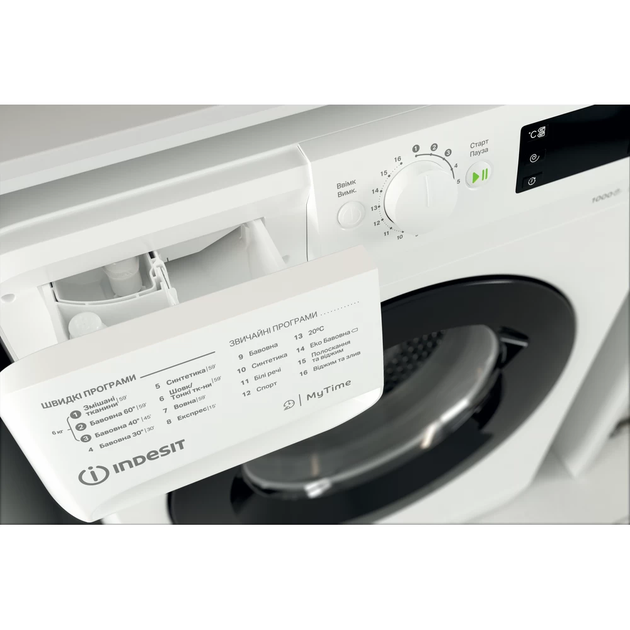 Стиральная машина Indesit фронтальная, 6кг, 1000, A+++, 43см, дисплей, люк черный, белый (OMTWSE61051WKUA) - Фото 9 Стиральная машина Indesit фронтальная, 6кг, 1000, A+++, 43см, дисплей, люк черный, белый (OMTWSE61051WKUA) - изображение 9