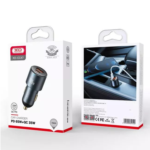 Автомобильное зарядное устройство с быстрой зарядкой XO CC47 |1USB/1Type-C, PD+QC3.0 100W| Черный - Фото 7 Автомобильное зарядное устройство с быстрой зарядкой XO CC47 |1USB/1Type-C, PD+QC3.0 100W| Черный - изображение 7