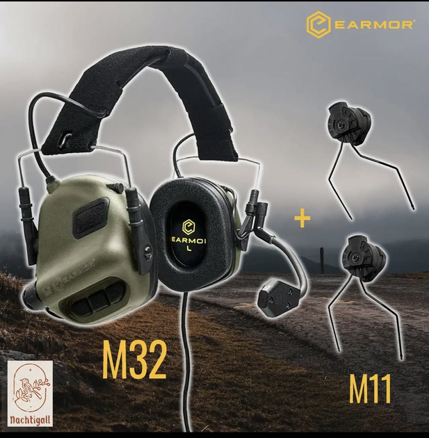 Активные наушники с гарнитурой Earmor M32 MOD 3 комплект с оголовьем + крепление на каску шлем FAST, TOR-D, ACH MICH - изображение 1