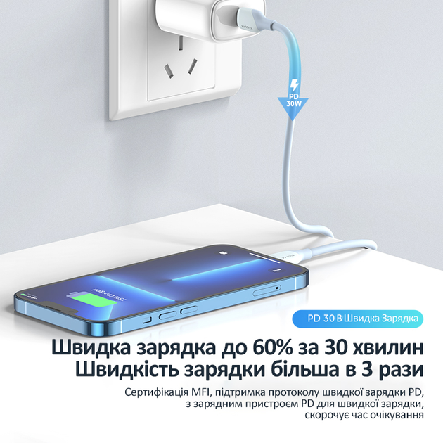 Кабель Apple Lightning - USB Type-C (MFI) PD 30 Вт (1м) зарядный шнур ...