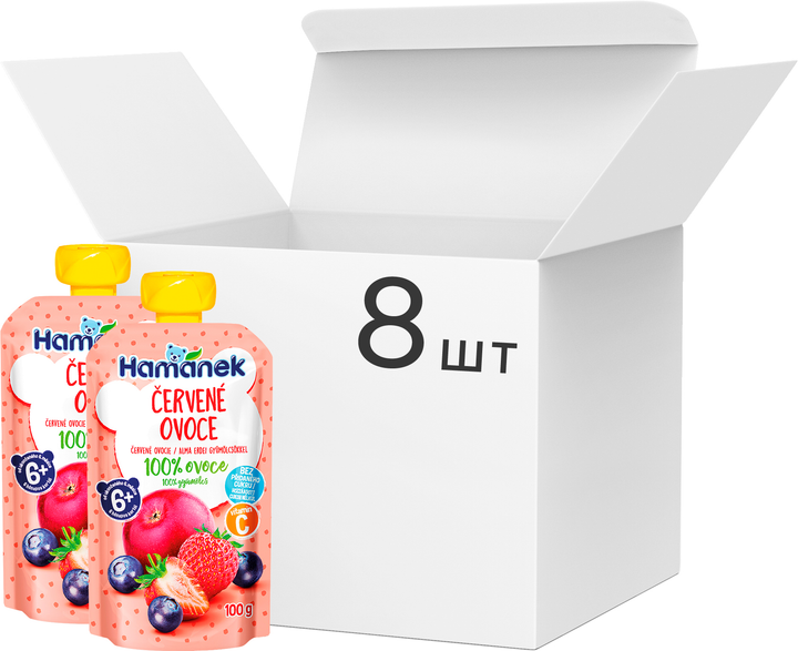 Упаковка Hamanek Пюре из яблок, клубники и черники 100 г х 8 шт (8595139797386) 