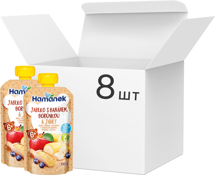Упаковка Hamanek Пюре из яблок, бананов, черники и пшена 100 г х 8 шт (8595139799564) 