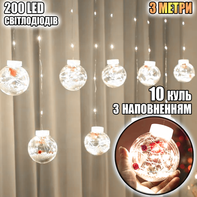 Светодиодная гирлянда-штора прозрачные шары Подарок 10 шт Magnetic W1-3 метра и 200 LED, свет ламп-белый - изображение 2