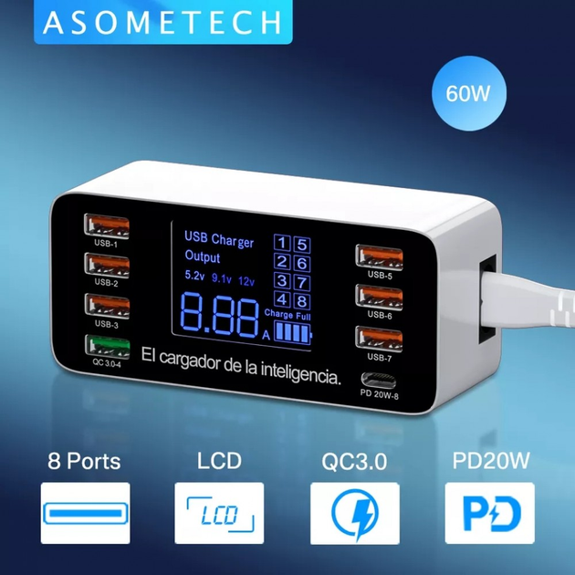 Сетевое зарядное устройство ASOMETECH 60W PD3.0 QC3.0 8 USB – фото ...