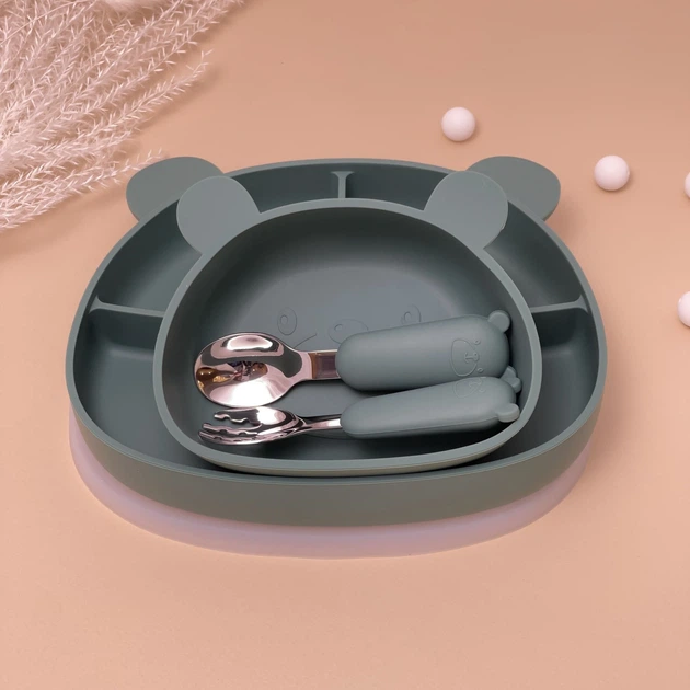 Набір посуду з харчового силікону на присосці для першого прикорму Ведмедик 5 шт. Зелений - зображення 2