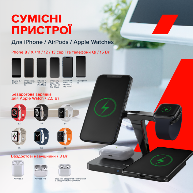 Бездротовий зарядний пристрій Canyon WS-404 4 в 1 QI Black (CNS-WCS404B) - зображення 6