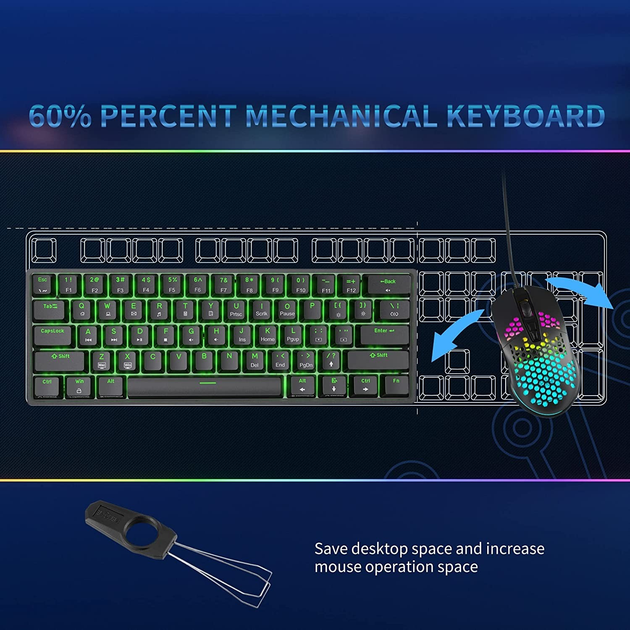 Механическая игровая клавиатура Dierya 60% с механическими переключателями Clicky, Type-C, 61 клавиша (раскладка США, QWERTY) черный - изображение 5