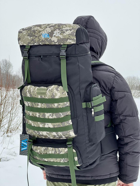 Універсальний рюкзак тактичний 75 літрів, військовий водовідштовхуючий рюкзак із щільної тактичної тканини чорний з пікселем - зображення 1