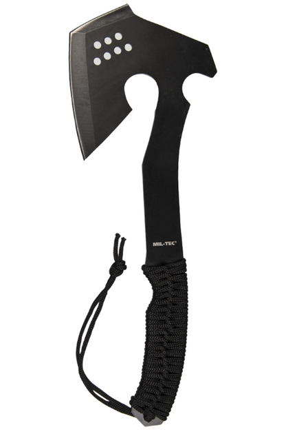 Сокира Mil-Tec сталева 3CR13MoV Чорна плоска 4 мм з паракордовою ручкою в нейлоновому чохлі для активного відпочинку полювання риболовлі походів польовий - зображення 1